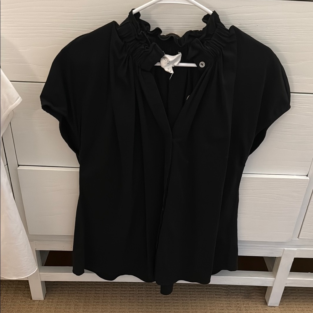 Tuckernuck Black Ruffle-Neck Cap-Sleeve Blouse